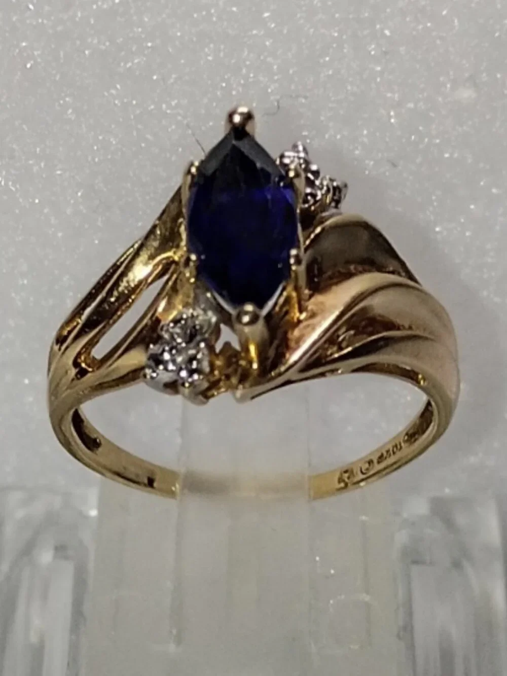 10Kt Two-Tone Gold Marquise Lab-Sapphire Ring with Diamond-Accent